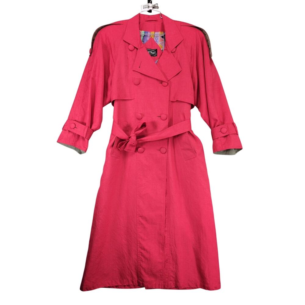 Vintage 90s Portrait Women's 6 Double Breasted Coral Pink Rain Trench Coat Retro
